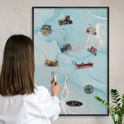Metal wall board for magnets in a black frame Turquoise elegance
