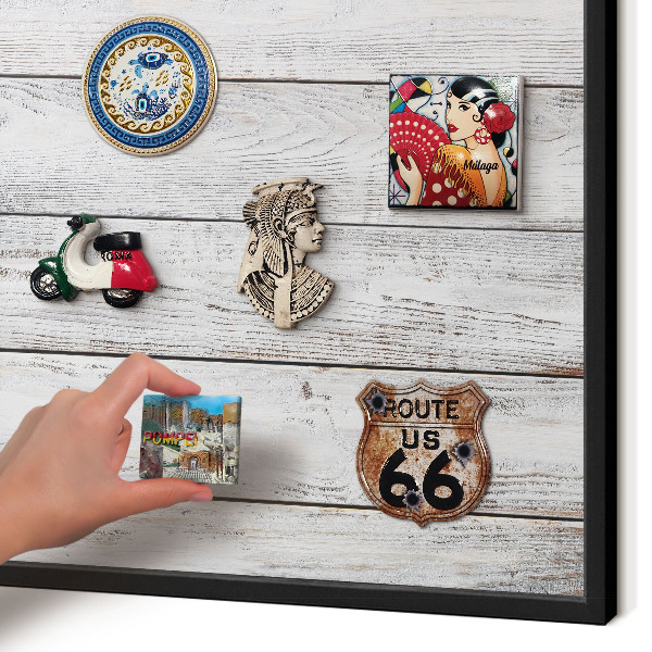 Metal wall board for magnets in a black frame Rustic wood