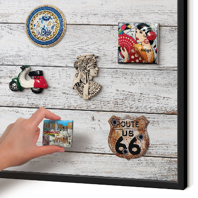 Metal wall board for magnets in a black frame Rustic wood