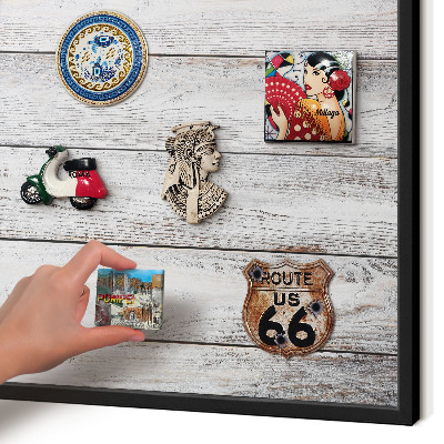 Metal wall board for magnets in a black frame Rustic wood