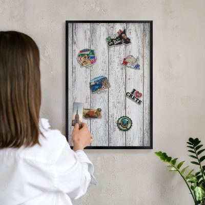 Metal wall board for magnets in a black frame Rustic wood
