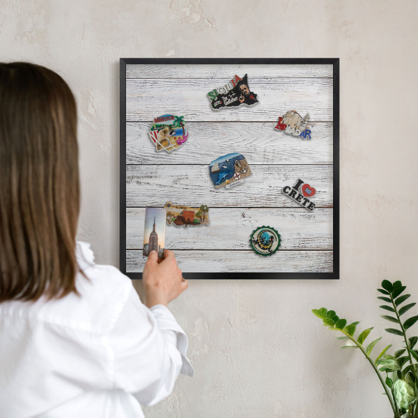 Metal wall board for magnets in a black frame Rustic wood