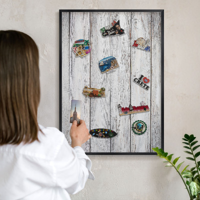Metal wall board for magnets in a black frame Rustic wood