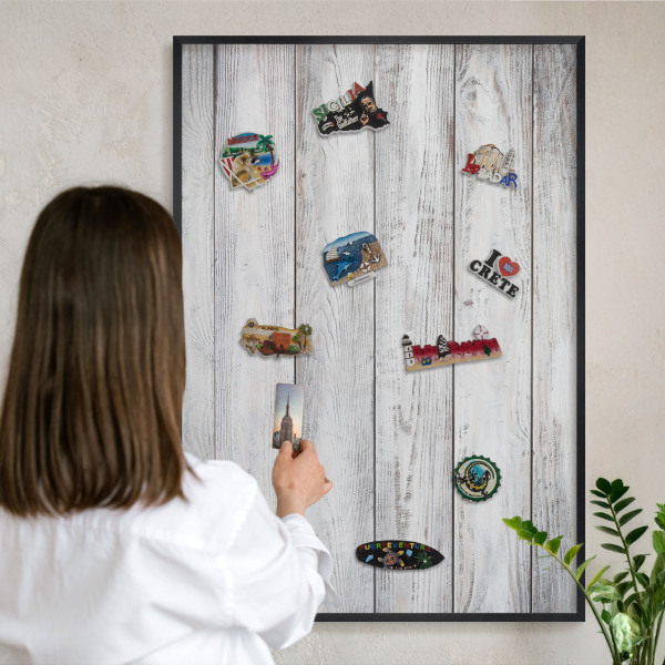 Metal wall board for magnets in a black frame Rustic wood