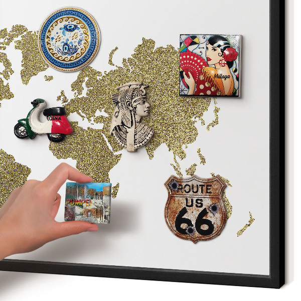 Vacation magnet board with a black frame World map