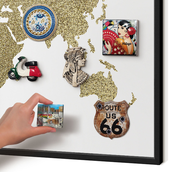 Vacation magnet board with a black frame World map