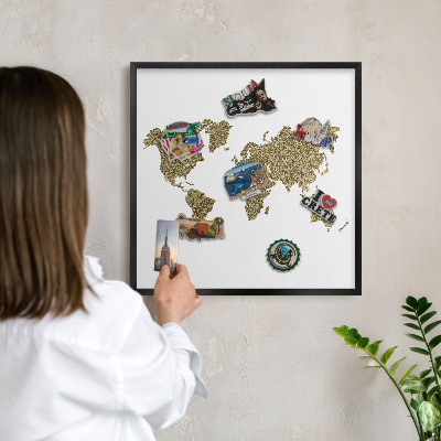 Vacation magnet board with a black frame World map