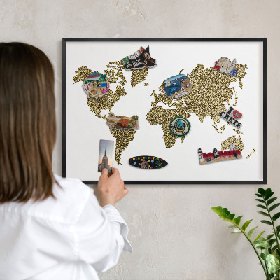 Vacation magnet board with a black frame World map