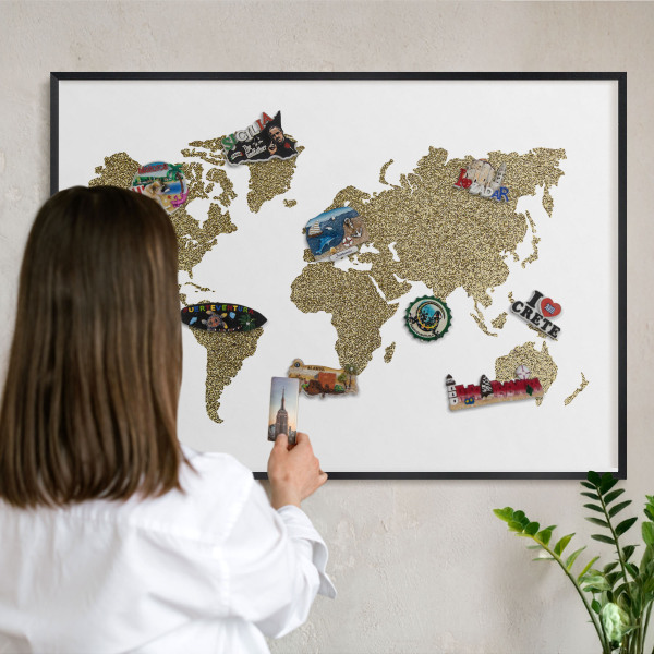 Vacation magnet board with a black frame World map