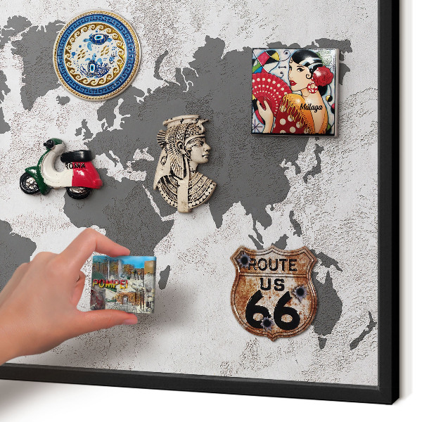 Metal wall board for magnets in a black frame World map