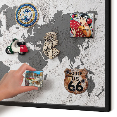 Metal wall board for magnets in a black frame World map