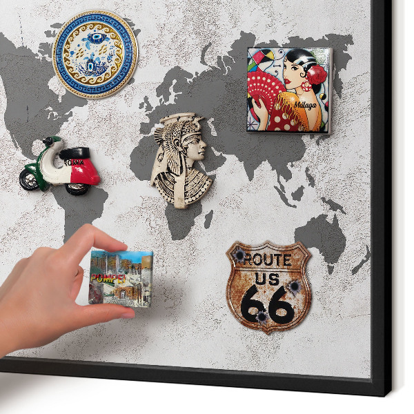 Metal wall board for magnets in a black frame World map