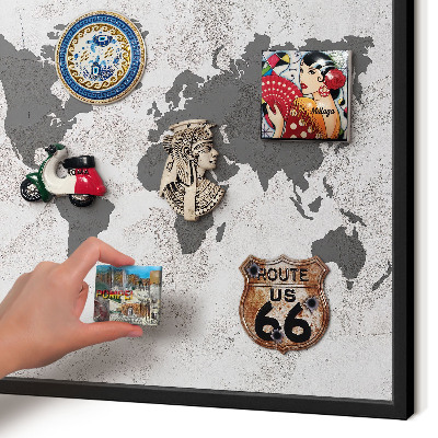 Metal wall board for magnets in a black frame World map