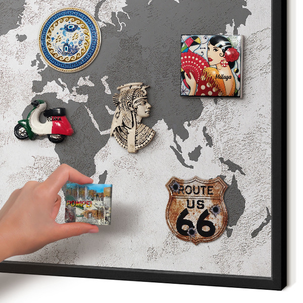 Metal wall board for magnets in a black frame World map
