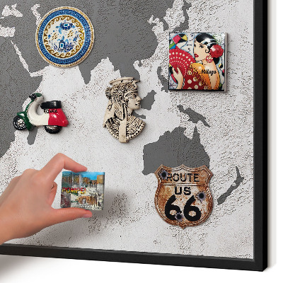 Metal wall board for magnets in a black frame World map