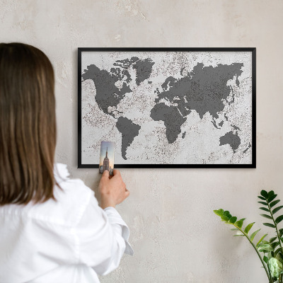 Metal wall board for magnets in a black frame World map