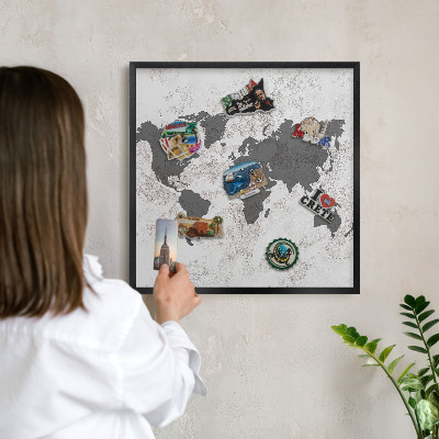 Metal wall board for magnets in a black frame World map