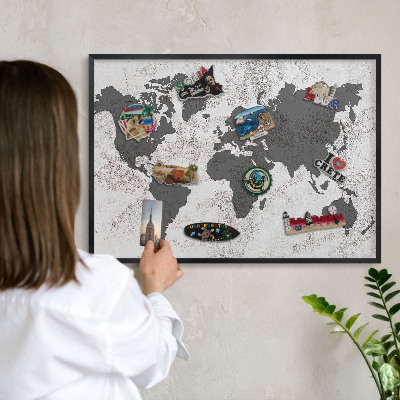 Metal wall board for magnets in a black frame World map