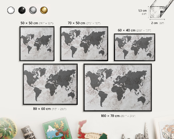 Metal wall board for magnets in a black frame World map
