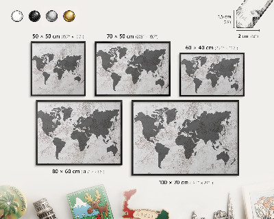 Metal wall board for magnets in a black frame World map