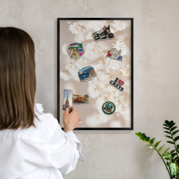 Vacation magnet board with a black frame Beige flowers