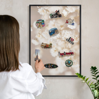 Vacation magnet board with a black frame Beige flowers