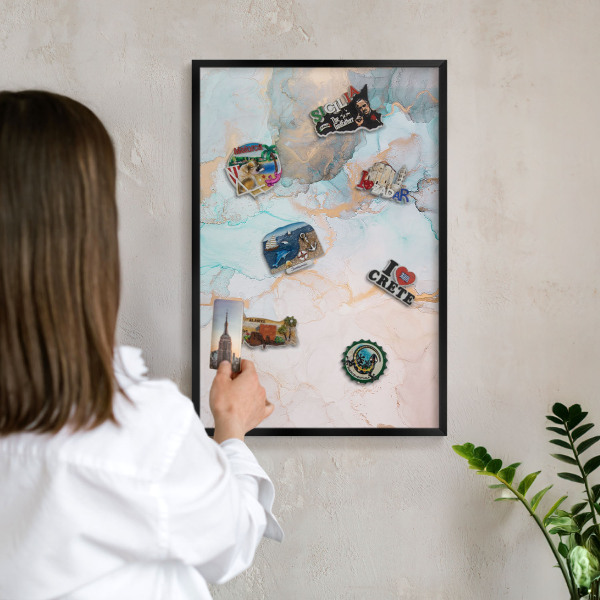 Metal wall board for magnets in a black frame Pastel forms