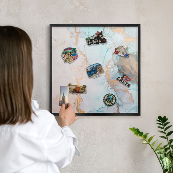Metal wall board for magnets in a black frame Pastel forms