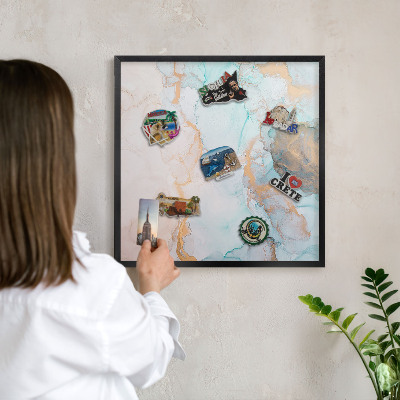 Metal wall board for magnets in a black frame Pastel forms