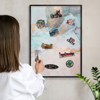 Metal wall board for magnets in a black frame Pastel forms