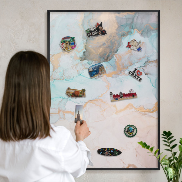 Metal wall board for magnets in a black frame Pastel forms