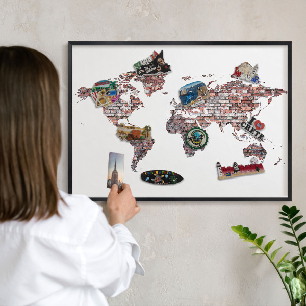Metal wall board for magnets in a black frame Brick world