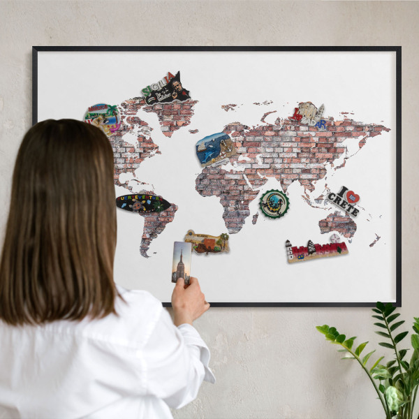 Metal wall board for magnets in a black frame Brick world