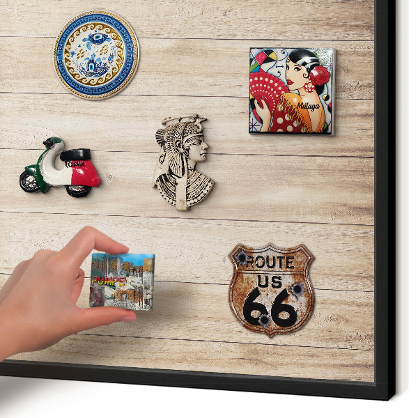 Vacation magnet board with a black frame Wooden boards