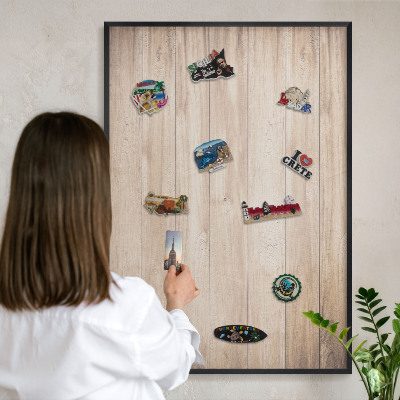 Vacation magnet board with a black frame Wooden boards