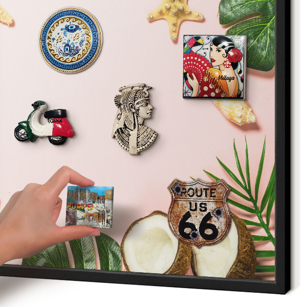 Metal wall board for magnets in a black frame Tropical vacation