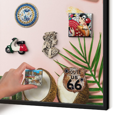 Metal wall board for magnets in a black frame Tropical vacation