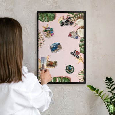 Metal wall board for magnets in a black frame Tropical vacation
