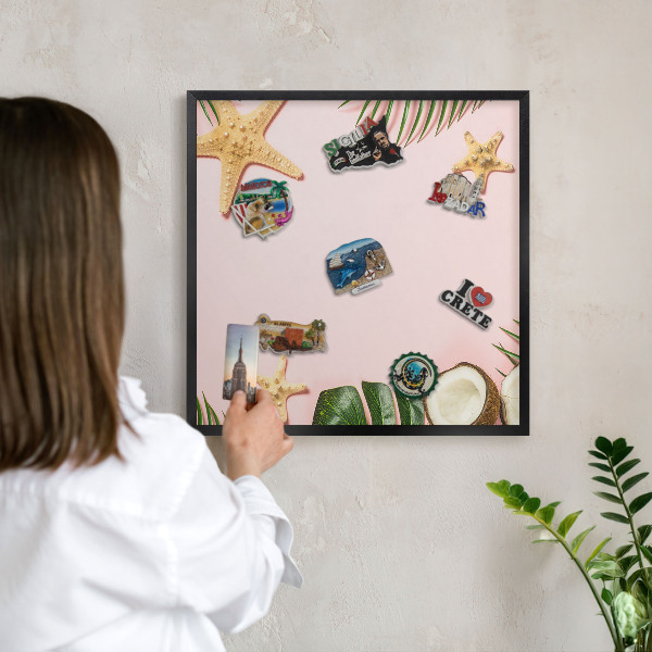 Metal wall board for magnets in a black frame Tropical vacation