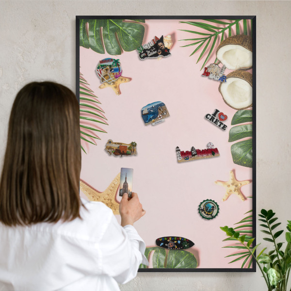 Metal wall board for magnets in a black frame Tropical vacation