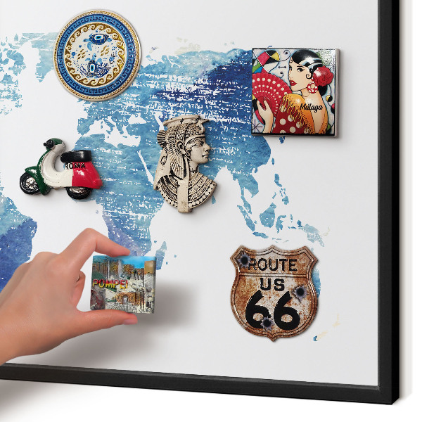 Metal wall board for magnets in a black frame Watercolor map