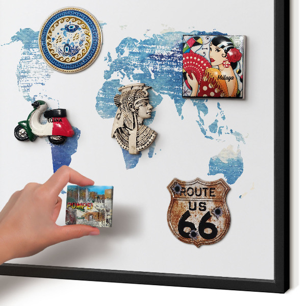 Metal wall board for magnets in a black frame Watercolor map