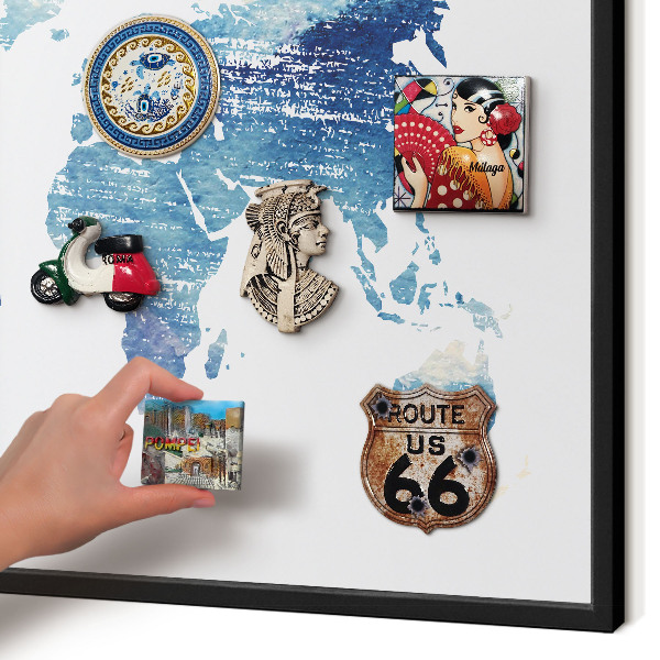 Metal wall board for magnets in a black frame Watercolor map