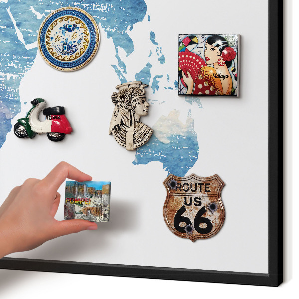 Metal wall board for magnets in a black frame Watercolor map