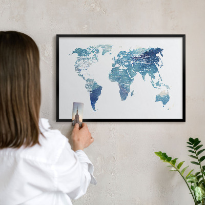Metal wall board for magnets in a black frame Watercolor map