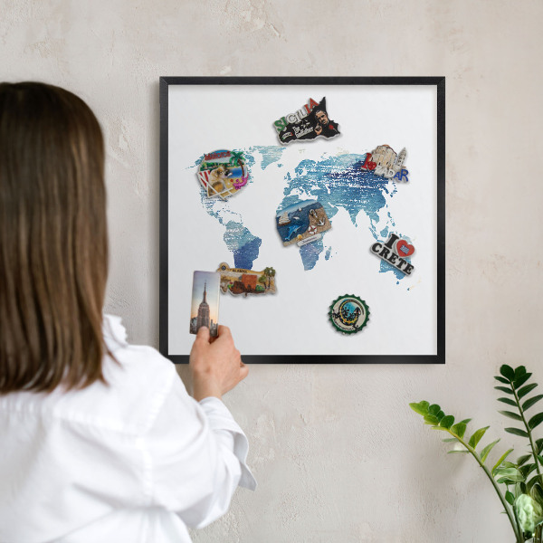 Metal wall board for magnets in a black frame Watercolor map