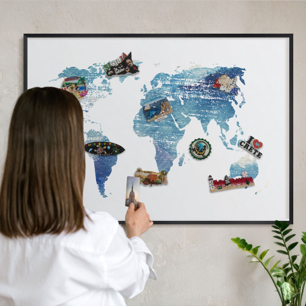 Metal wall board for magnets in a black frame Watercolor map