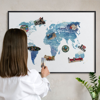 Metal wall board for magnets in a black frame Watercolor map