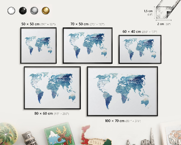 Metal wall board for magnets in a black frame Watercolor map