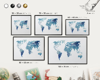 Metal wall board for magnets in a black frame Watercolor map